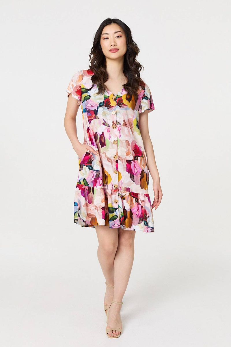 Brushstroke Floral V-Neck Smock Dress
