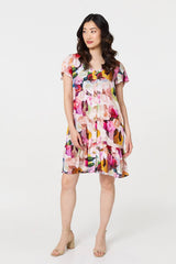 Brushstroke Floral V-Neck Smock Dress