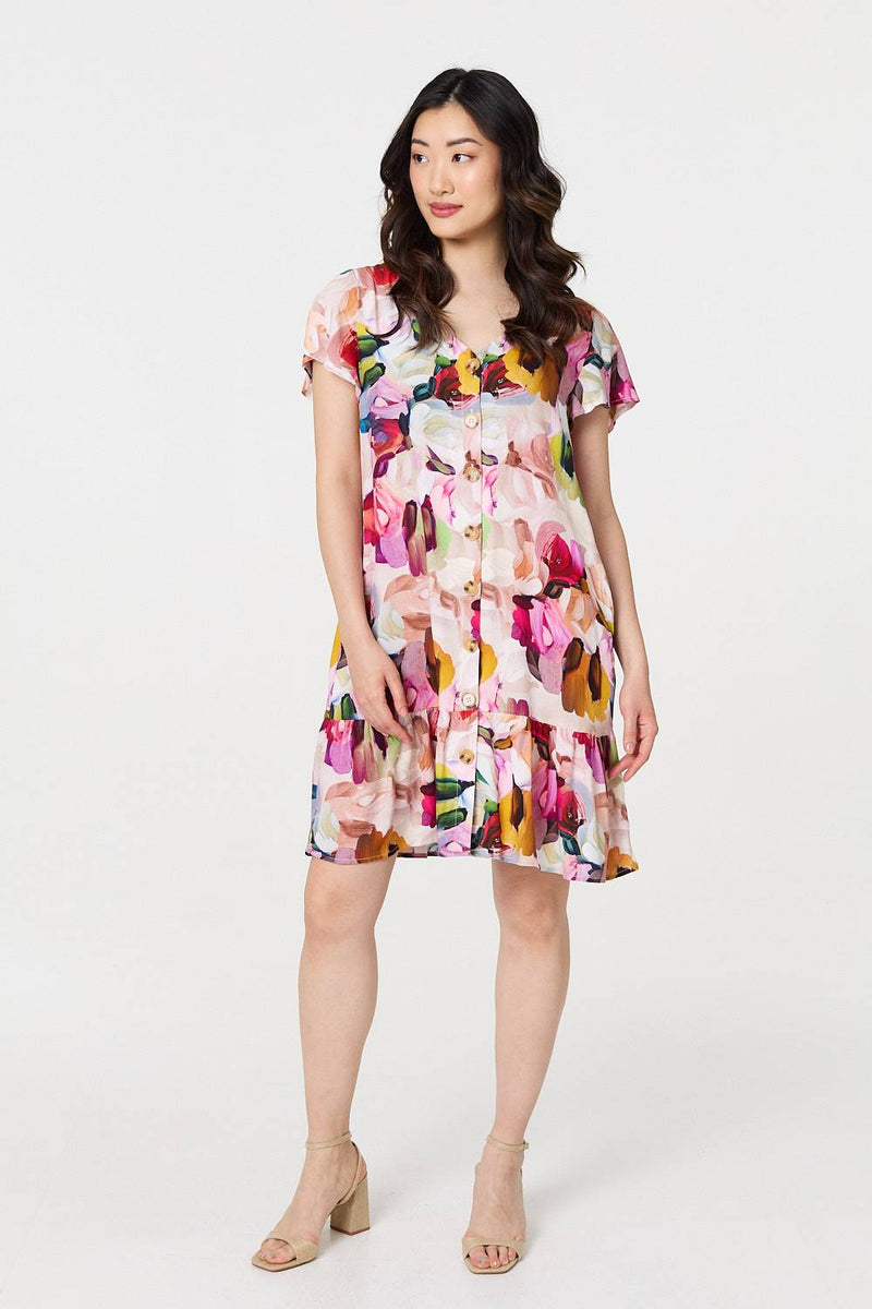 Brushstroke Floral V-Neck Smock Dress
