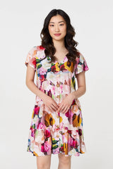 Brushstroke Floral V-Neck Smock Dress