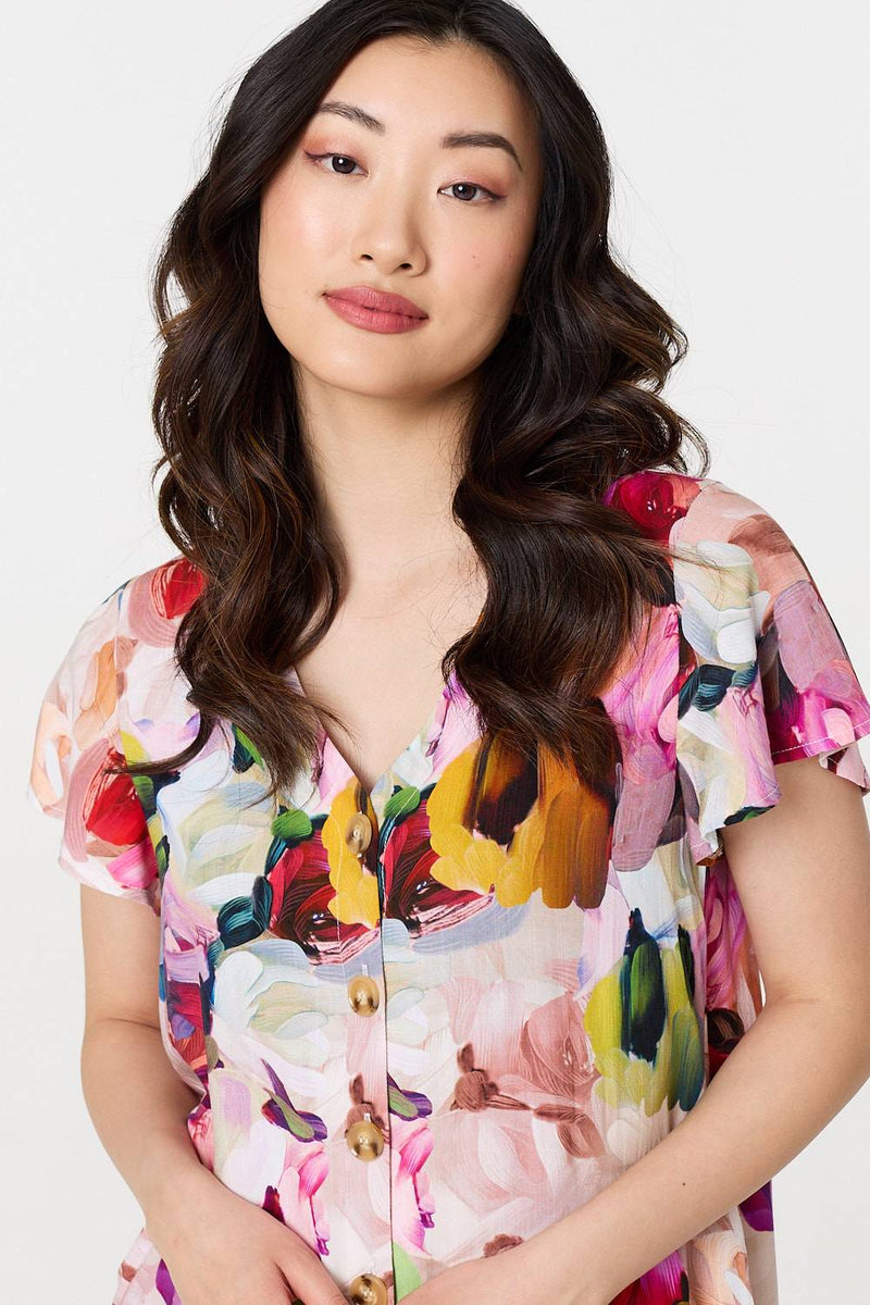 Brushstroke Floral V-Neck Smock Dress
