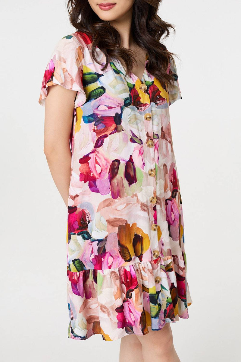 Brushstroke Floral V-Neck Smock Dress