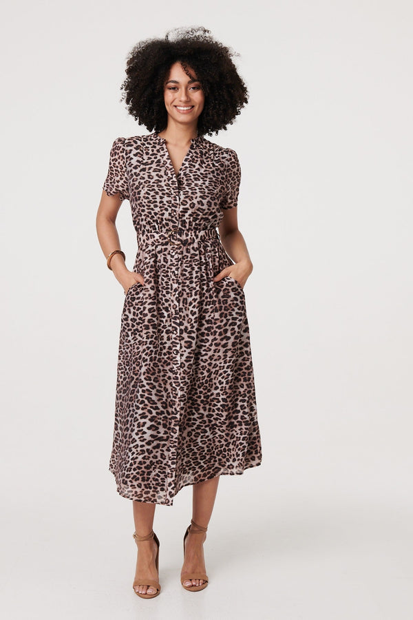 Animal Print Belted Midi Shirt Dress