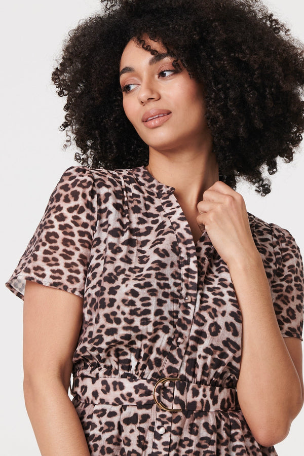 Animal Print Belted Midi Shirt Dress