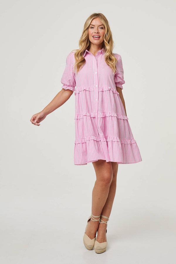 Striped 1/2 Sleeve Short Shirt Dress