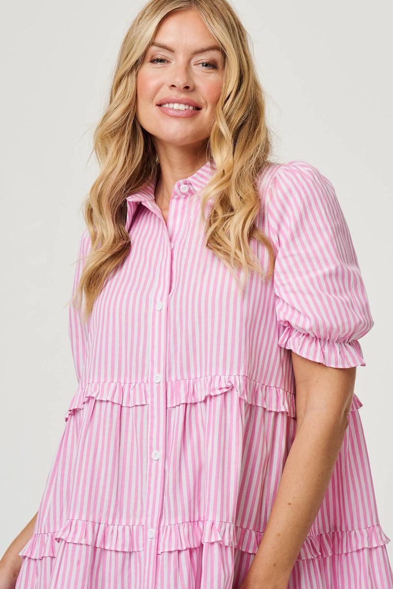 Striped 1/2 Sleeve Short Shirt Dress