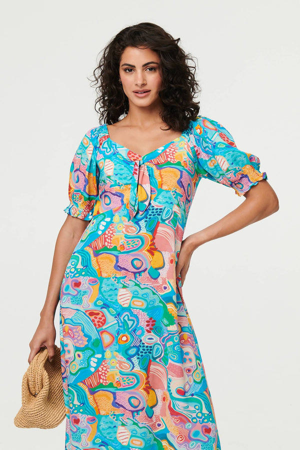 Abstract Tie Neck Puff Sleeve Midi Dress