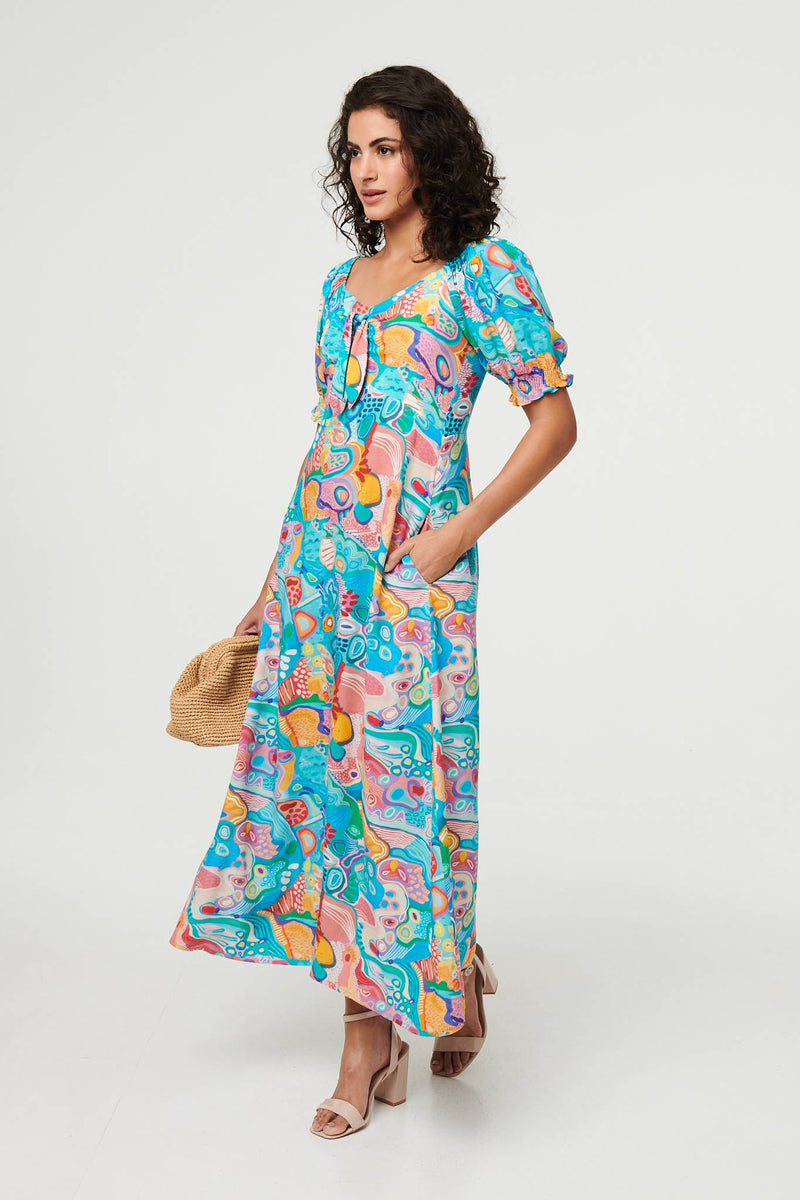 Abstract Tie Neck Puff Sleeve Midi Dress