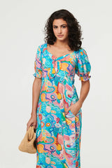 Abstract Tie Neck Puff Sleeve Midi Dress