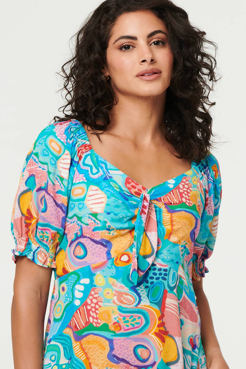 Abstract Tie Neck Puff Sleeve Midi Dress