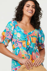 Abstract Tie Neck Puff Sleeve Midi Dress