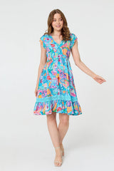 Abstract Shirred Lace Trim Midi Dress