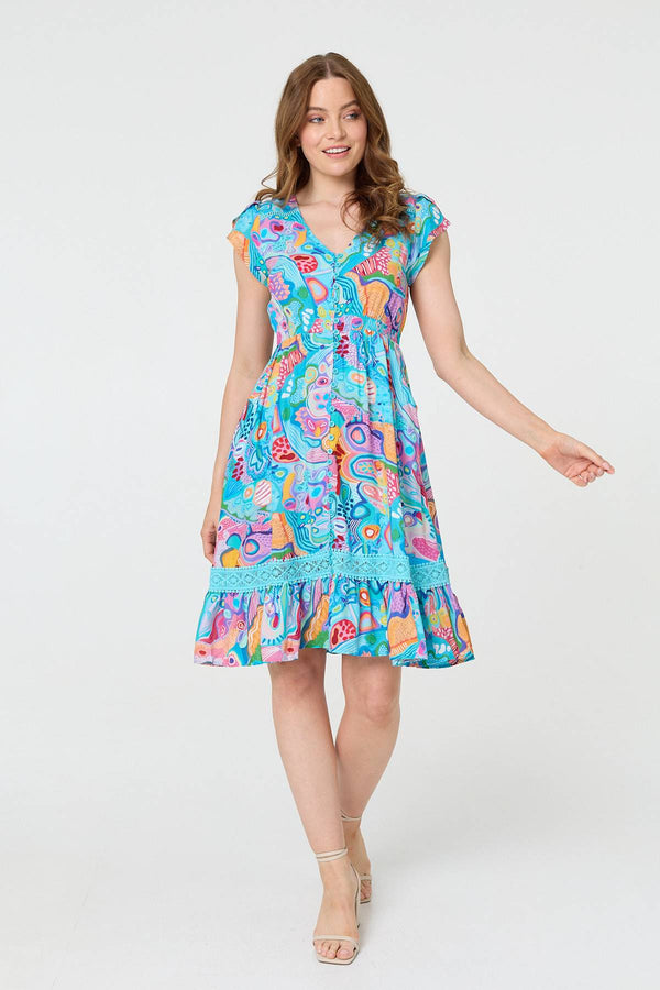 Abstract Shirred Lace Trim Midi Dress