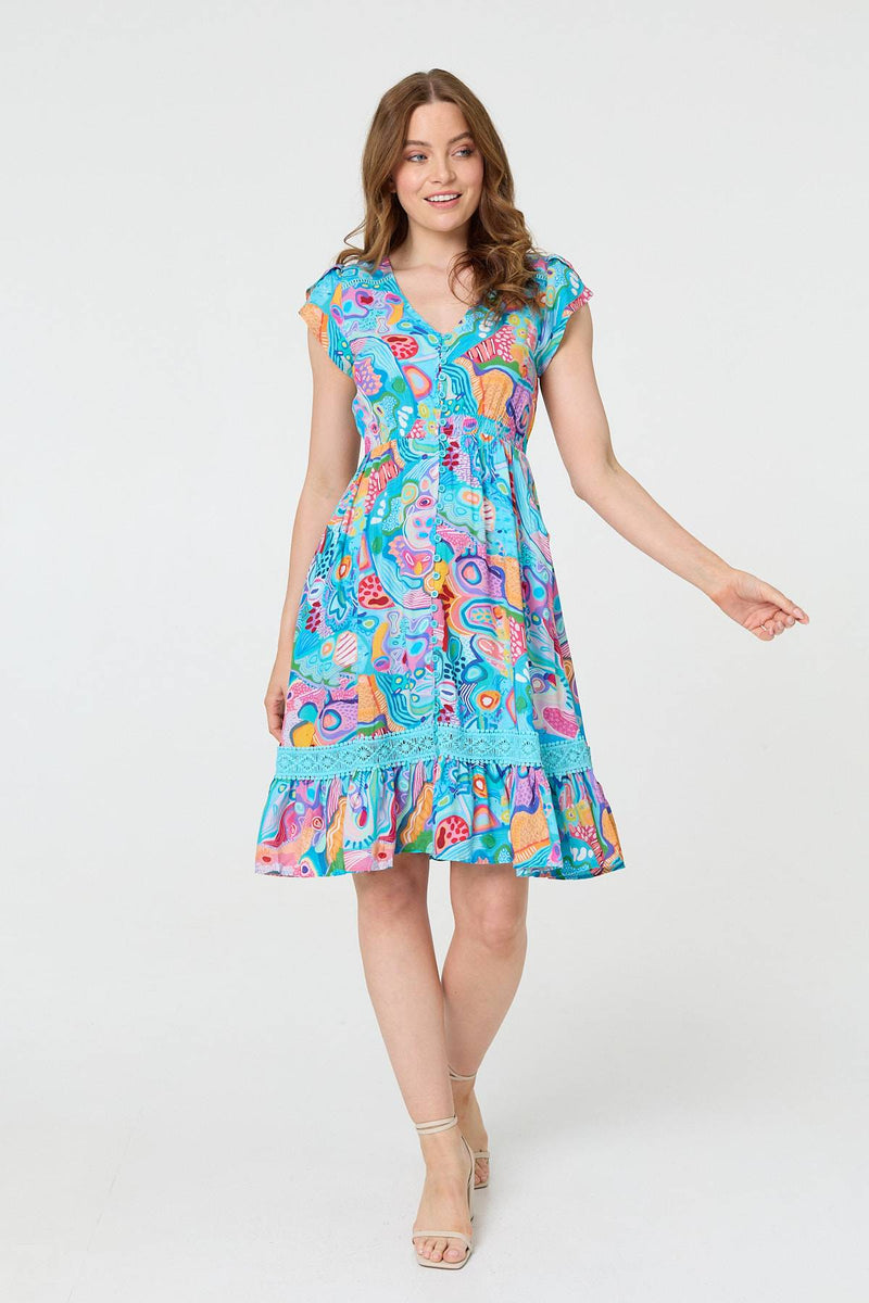 Abstract Shirred Lace Trim Midi Dress