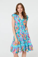 Abstract Shirred Lace Trim Midi Dress