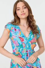 Abstract Shirred Lace Trim Midi Dress