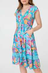 Abstract Shirred Lace Trim Midi Dress