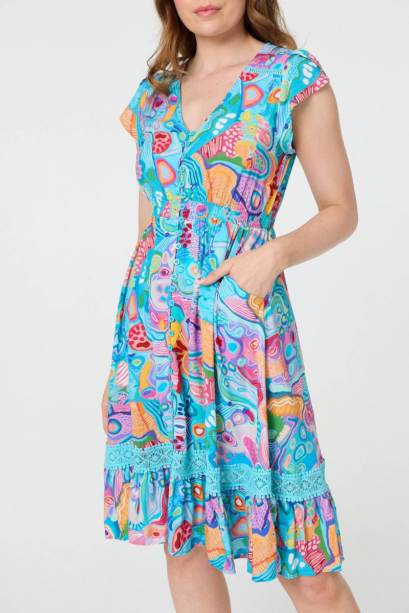 Abstract Shirred Lace Trim Midi Dress