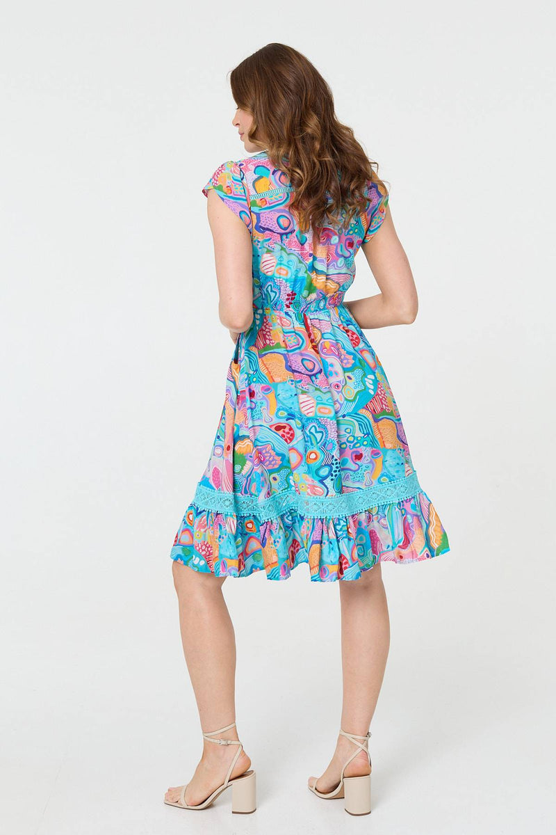 Abstract Shirred Lace Trim Midi Dress