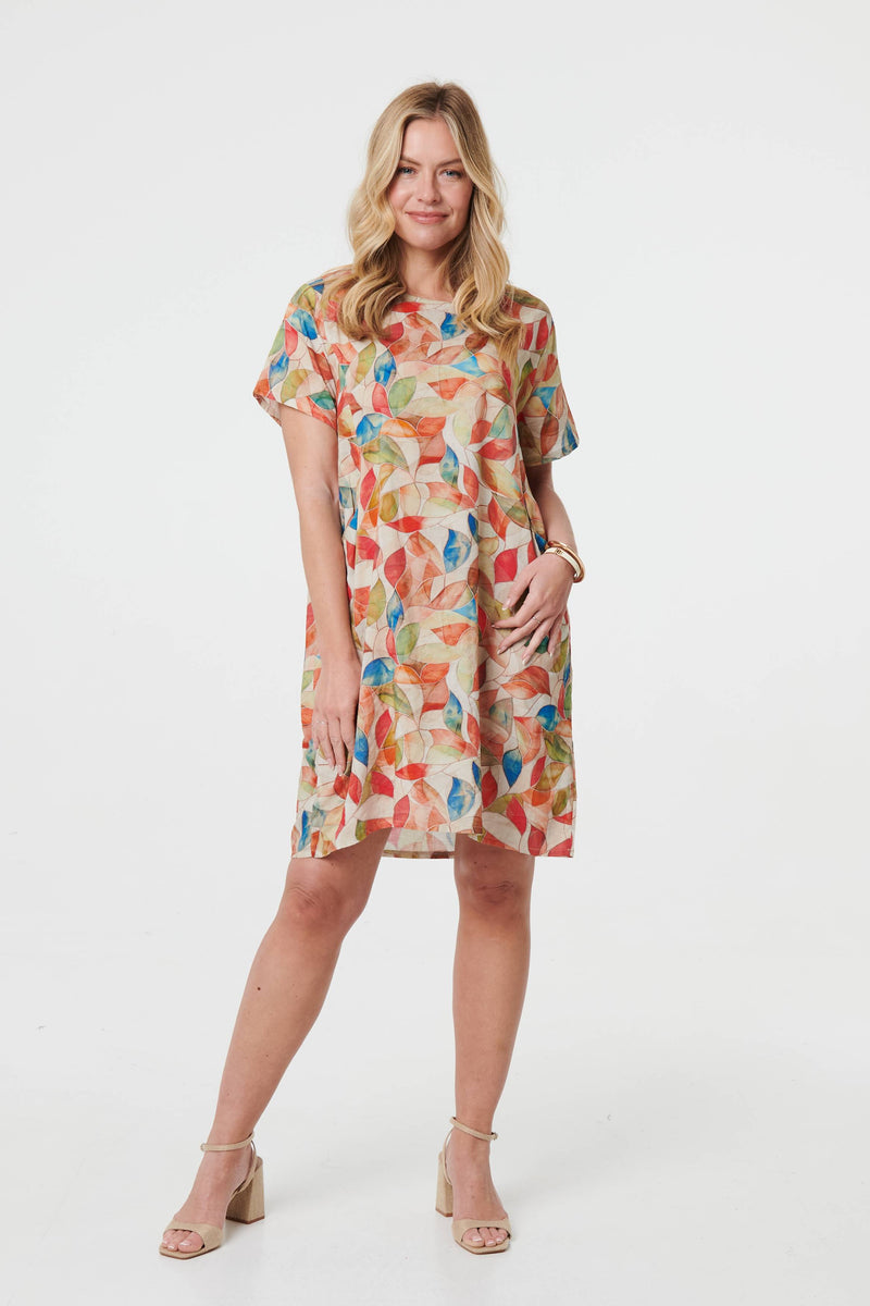 Leaf Print Knee Length Shift Dress