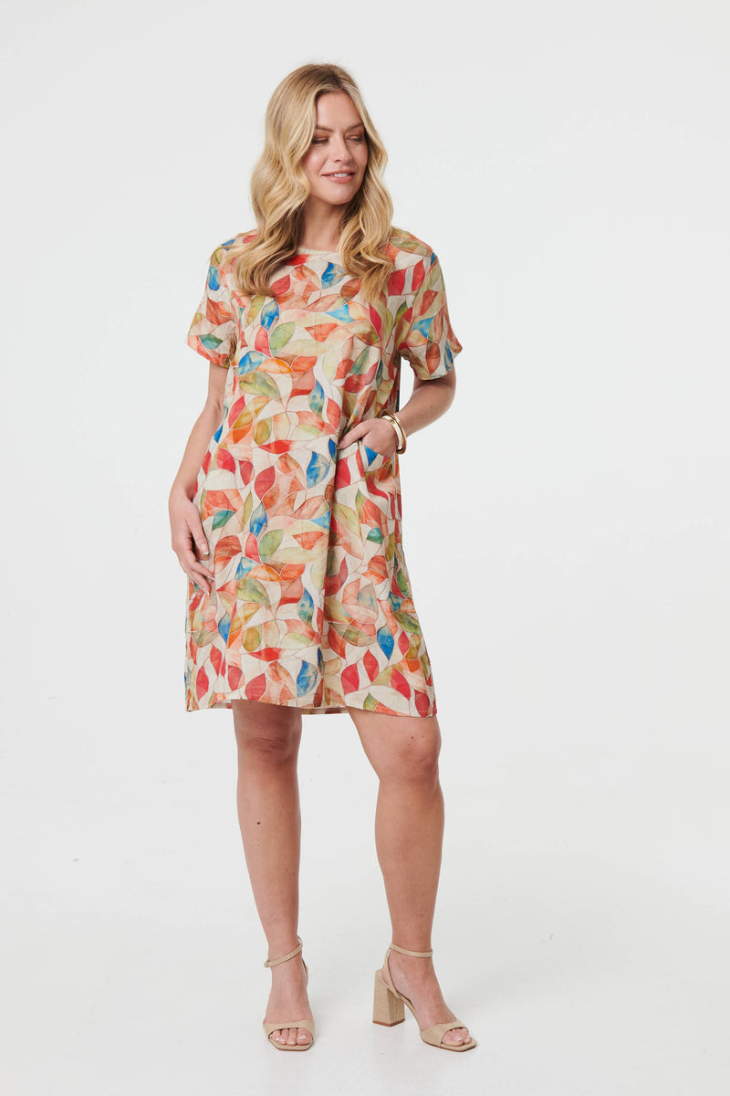 Leaf Print Knee Length Shift Dress