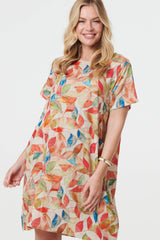 Leaf Print Knee Length Shift Dress