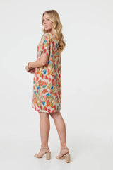 Leaf Print Knee Length Shift Dress