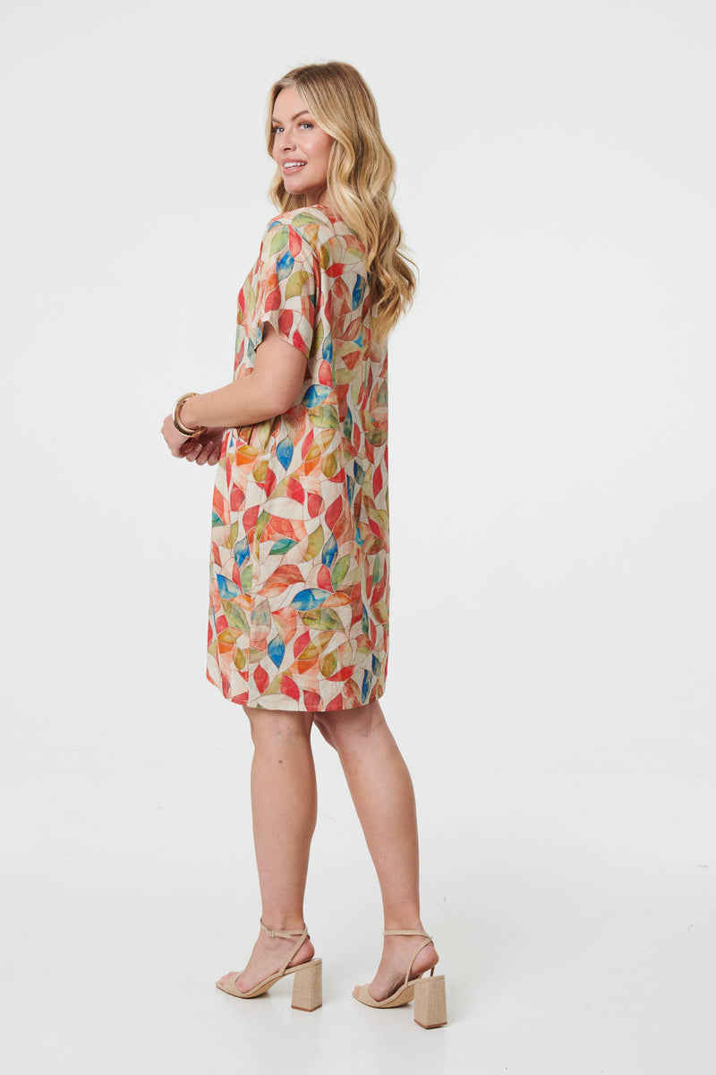 Leaf Print Knee Length Shift Dress