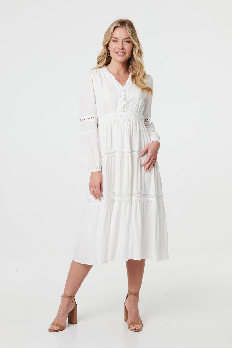 Lace Trim Long Sleeve Tiered Midi Dress