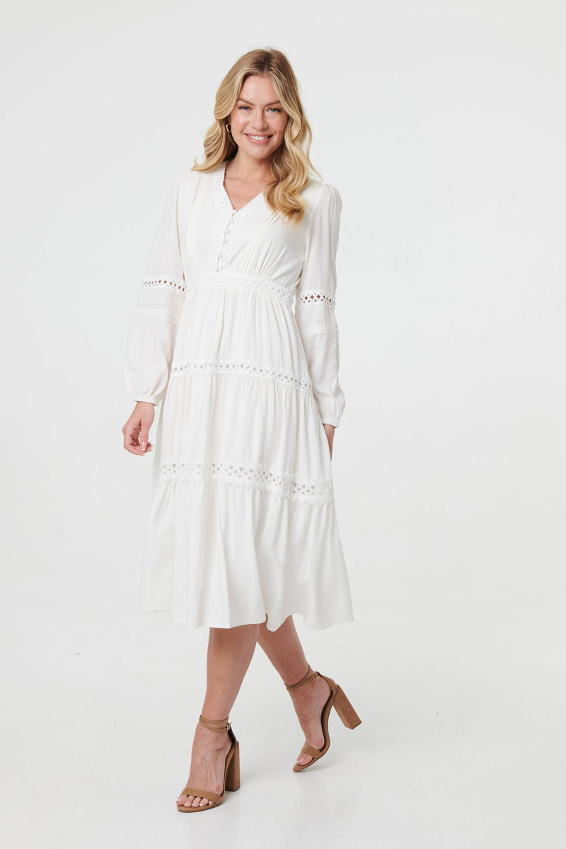 Lace Trim Long Sleeve Tiered Midi Dress