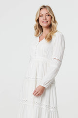 Lace Trim Long Sleeve Tiered Midi Dress