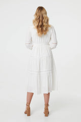 Lace Trim Long Sleeve Tiered Midi Dress