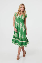 Ikat Print Cap Sleeve Shirred Midi Dress