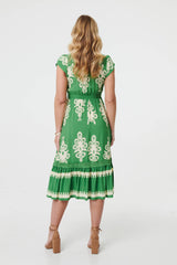Ikat Print Cap Sleeve Shirred Midi Dress