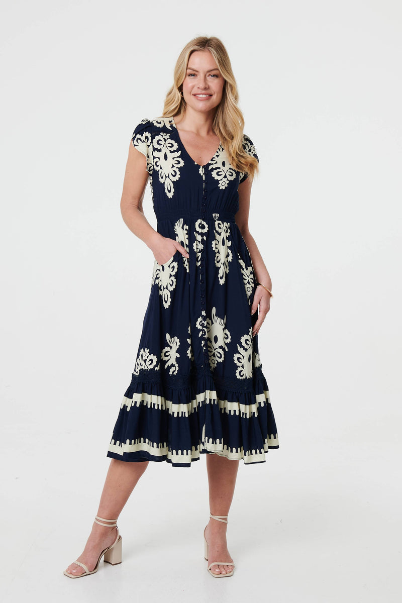 Ikat Print Cap Sleeve Shirred Midi Dress