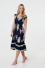 Ikat Print Cap Sleeve Shirred Midi Dress