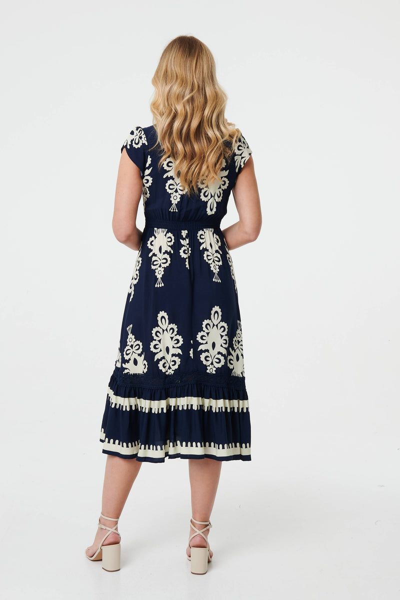Ikat Print Cap Sleeve Shirred Midi Dress