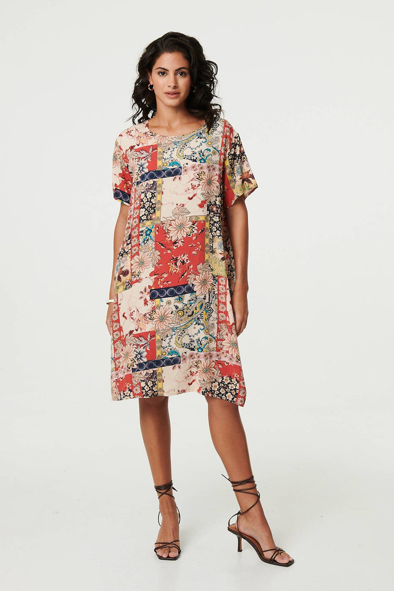 Patchwork Print Knee Length Shift Dress