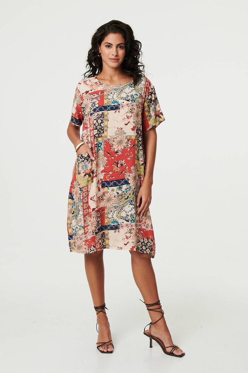 Patchwork Print Knee Length Shift Dress