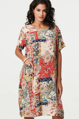 Patchwork Print Knee Length Shift Dress