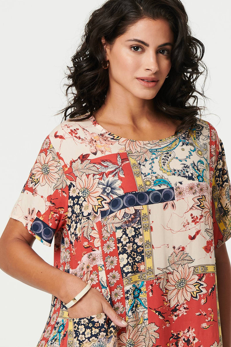 Patchwork Print Knee Length Shift Dress