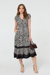 Border Print Shirred Knee Length Dress