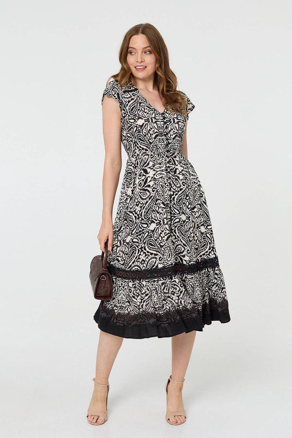 Border Print Shirred Knee Length Dress