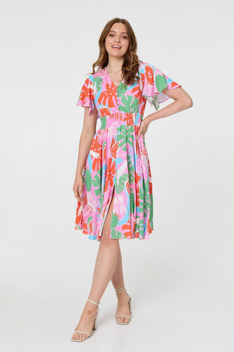Abstract Shirred Knee Length Dress