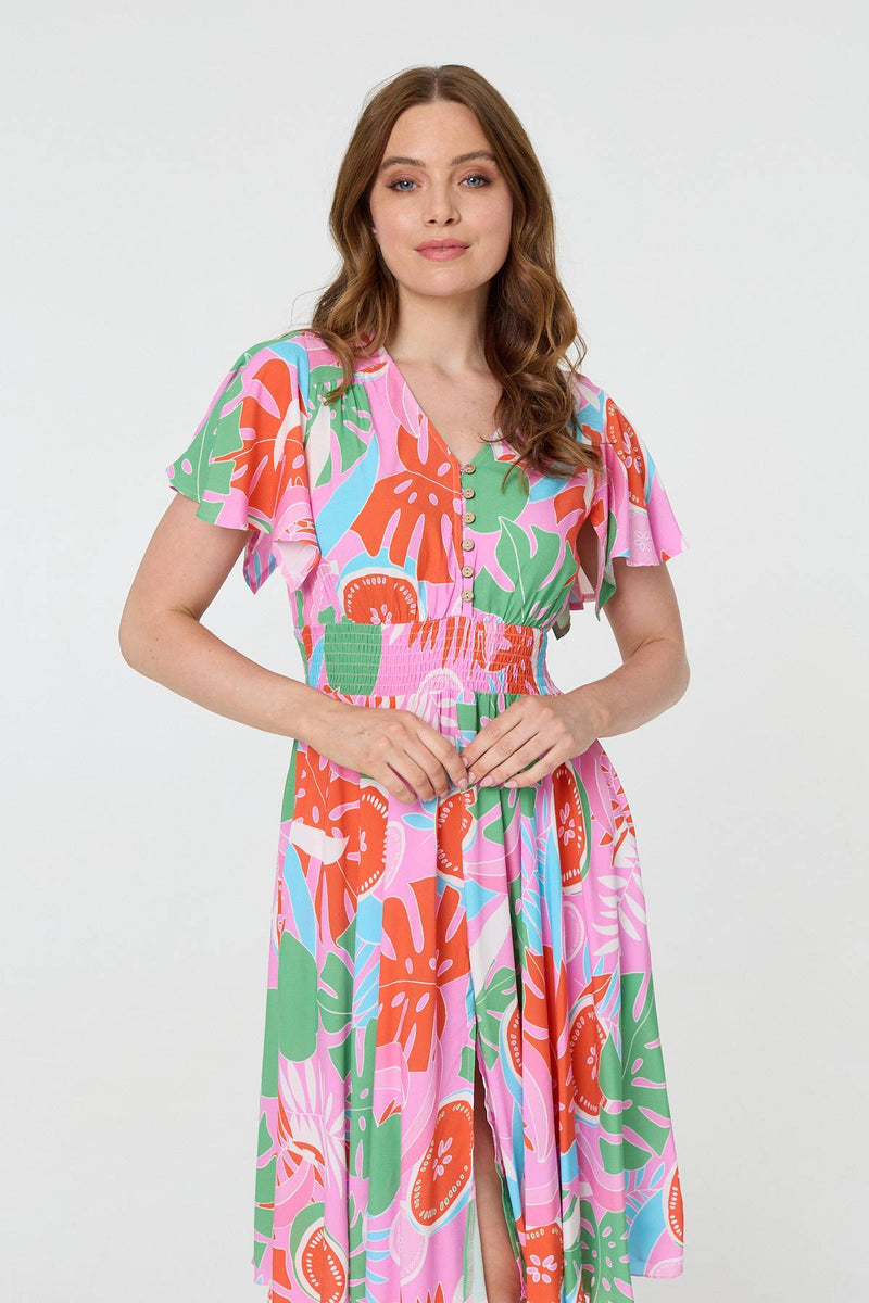 Abstract Shirred Knee Length Dress
