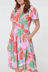 Abstract Shirred Knee Length Dress