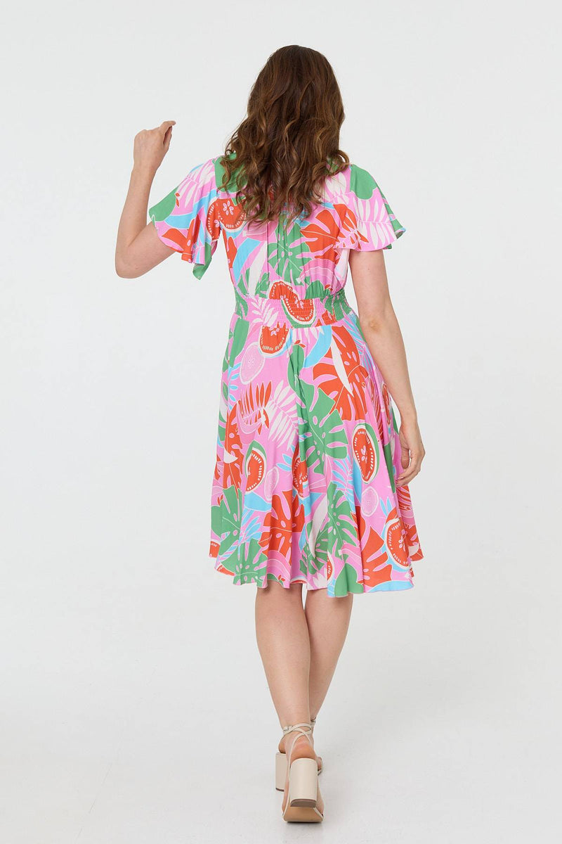 Abstract Shirred Knee Length Dress