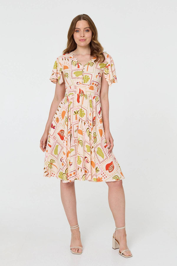 Printed V-Neck Shirred Knee Length Dress