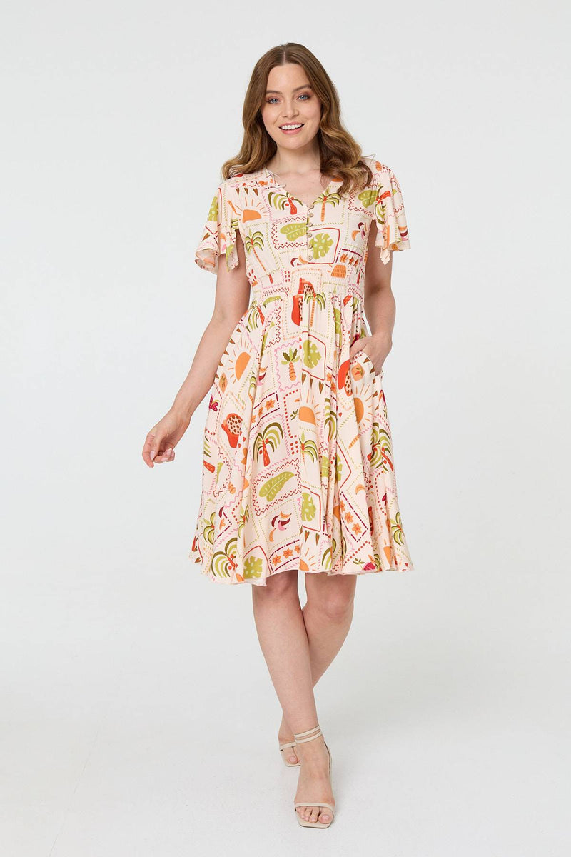Printed V-Neck Shirred Knee Length Dress