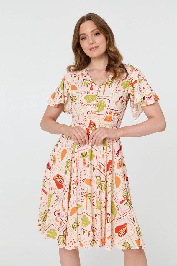 Printed V-Neck Shirred Knee Length Dress